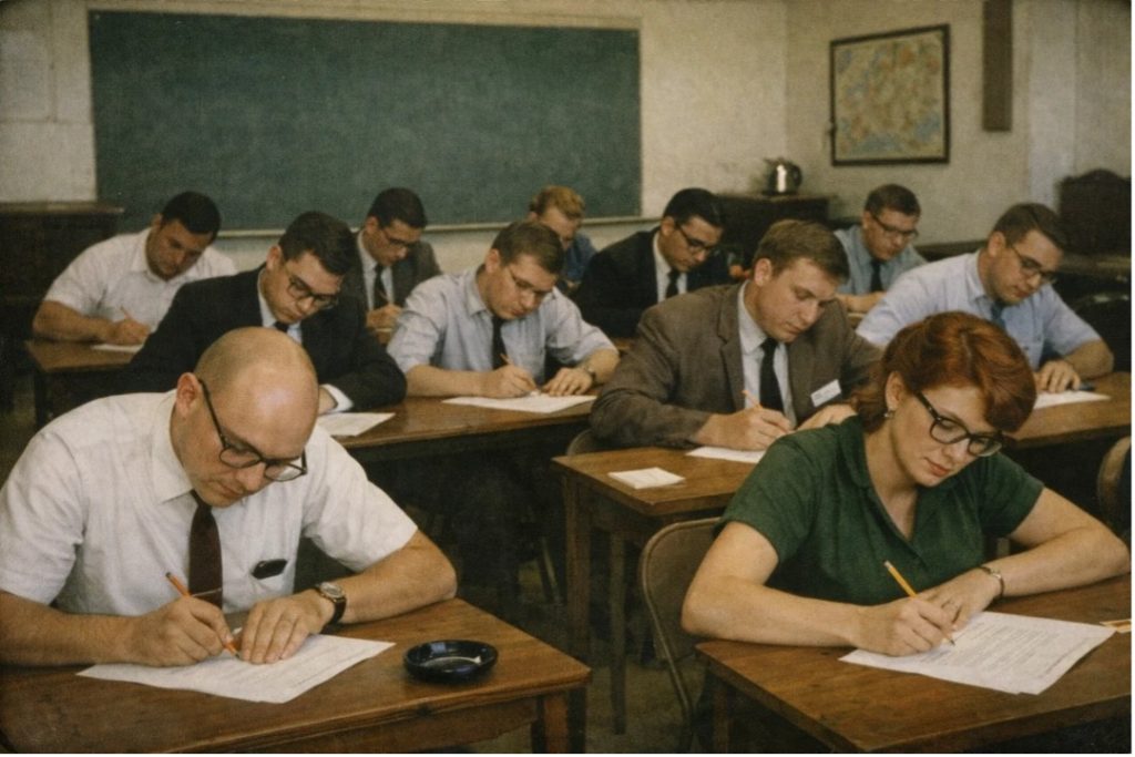 Recreación de un grupo de profesionales tomando un examen de certificación a finales de los años 60s. Imagen generada con IA