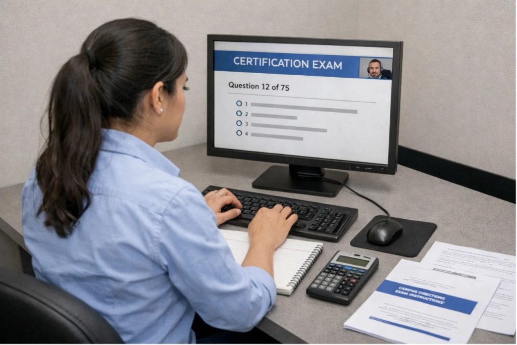 Un examen moderno de certificación, en línea, supervisado por un “proctor”, sin distracciones. Imagen generada con IA.