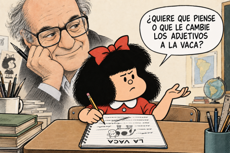 Mafalda escribiendo la composición de la vaca
